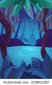 Jungle forest game splash screen, vertical background dark magic night in cartoon style. Ui design elements trees, plants, leaves