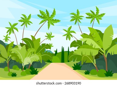 Jungle Forest Green Landscape with Road Path and Blue Sky Vector Illustration