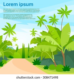 Jungle Forest Green Landscape with Road Path and Blue Sky Vector Illustration