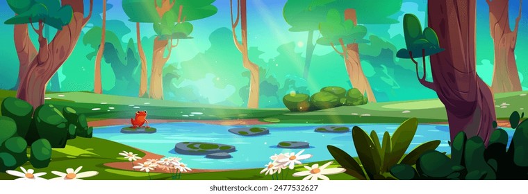 Dschungelwaldsee. In: River Water Cartoon Vektorgrafik. Teich in tiefgrüner Regenwaldlandschaft mit tropischen Blumen und Gras. Panoramaumgebung am Fluss mit magischem Frosch in Wildgehölzen für Spiel