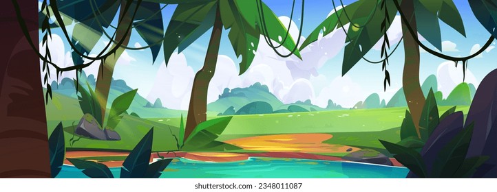 Jungle forest with lake vector cartoon background. Tropical rainforest with palm tree near swamp panoramic environment. Greenery ground meadow near pond water coast with nobody game location