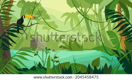 Jungle forest landscape concept in flat cartoon design. Toucan sits on branch, scene with river, different types of trees and plants. Wildlife panoramic view. Vector illustration horizontal background