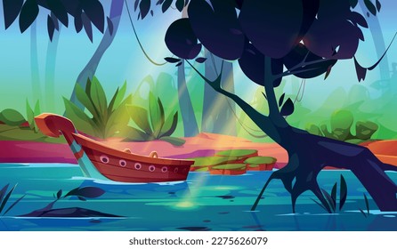 Jungle forest landscape with river and boat on water. Summer woods scenery with lake or pond, wooden boat, green grass, trees and lianas, vector cartoon illustration