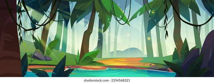 Jungle forest landscape with river and trees. Nature background with tropical rainforest with lake or swamp, green plants, palm trees and bushes, vector cartoon illustration