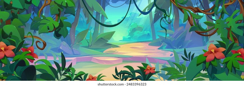 Jungle forest landscape with road and green plants. Tropical leaf and flower frame. Cartoon vector illustration of wet exotic rainforest scenery with trees and liana vines, soil path and bushes.