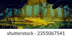 Jungle forest landscape with swamp for game background. Fantasy tropical woods scene with bog water, green grass, trees and foliage, mushrooms and lianas, vector cartoon illustration