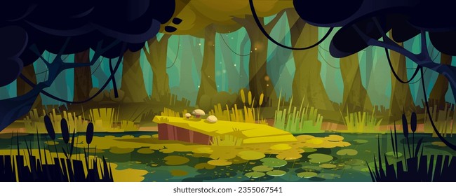 Jungle forest landscape with swamp for game background. Fantasy tropical woods scene with bog water, green grass, trees and foliage, mushrooms and lianas, vector cartoon illustration