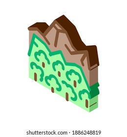 selva y vector de icono de montaña. selva selvática isométrica y señal de montaña. ilustración de símbolo aislado de color