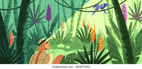 Jungle forest, nature landscape with green plants, trees. Person explores, travels in rainforest, dense Amazon woods adventure. Tropical panorama, exotic environment. Flat vector illustration