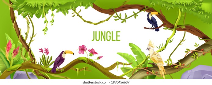 Jungle forest nature vector frame, wood landscape, tropical green background, parrot, toucan, stone, vines. Amazon environment nature illustration, paradise flowers, plants. Summer Brazil jungle frame