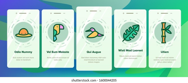 Jungle Forest Onboarding Mobile App Page Screen Vector. Jungle Animal And Plants, Monkey And Snake, Parrot And Wild Cat Illustrations