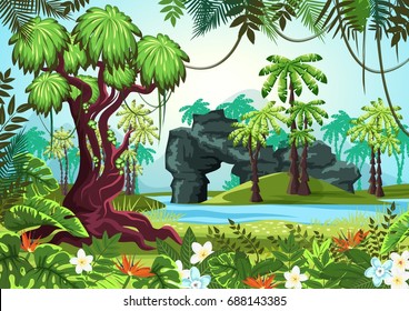Jungle forest panorama with river or lake, pond and rocks, palms and evergreen trees, bushes or shrubs, flowers and fern. Nature landscape and wild tropics scene. Ecology and wood theme