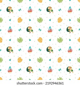 Jungle forest pattern toucan birds. Tropical plants, rainforest bright leaf flowers repeated background. Summer tropical seamless print. Vector illustrations of toucan, leaves, flowers, bug, butterfly