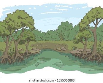 Jungle forest river graphic color landscape sketch illustration vector