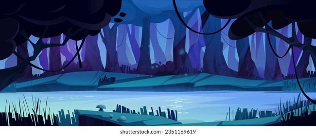 Jungle forest with river, lake or swamp at night. Dark woods landscape with trees, calm river water, lianas and mushrooms in moonlight, vector cartoon illustration