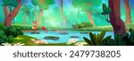 Jungle forest with river water nature background. Rainforest lake vector scene with green grass and tropical animal. Sunny ecosystem environment with frog and fox. Panoramic wild flora fantasy game