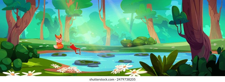 Jungle forest with river water nature background. Rainforest lake vector scene with green grass and tropical animal. Sunny ecosystem environment with frog and fox. Panoramic wild flora fantasy game