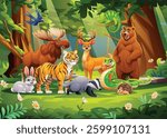 Jungle forest scene with animals like moose, rabbit, tiger, and more. Vector cartoon character illustration
