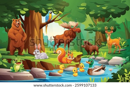 Jungle forest scene with bear, rabbit, moose, and more wildlife. Vector cartoon character illustration