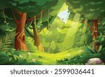 Jungle forest scene with sun rays shining through the trees, casting a peaceful glow. Vector cartoon landscape illustration