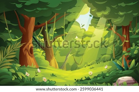 Jungle forest scene with sun rays shining through the trees, casting a peaceful glow. Vector cartoon landscape illustration