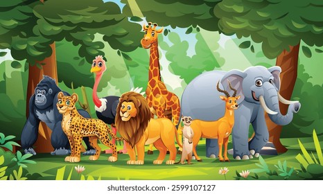 Jungle forest scene with various wild animals including lion, giraffe, leopard, and elephant. Vector cartoon illustration