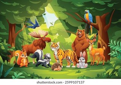 Jungle forest scene with various wild animals including tiger, bear, deer, rabbit, and more. Vector cartoon illustration