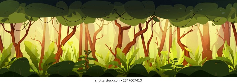 Jungle forest seamless game landscape background. Fairytale fantasy woodland nature adventure animation scene with trunk, green leaves and bush. Sunny summer mysterious park panorama with nobody