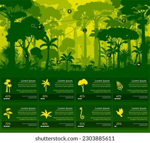 Jungle forest silhouette infographics on rainforest trees and plants nature, vector information. Jungle forest infographics with wild animals, tropical landscape of rainforest or Amazon forest trees