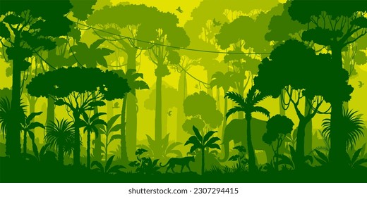 Silhouette de selva selvática, fondo de selva tropical. Escenario forestal amazónico, entorno de la selva africana o brasileña, fondo vectorial, fondo de paredes con palmeras, lianas, jaguares y siluetas de animales elefantes