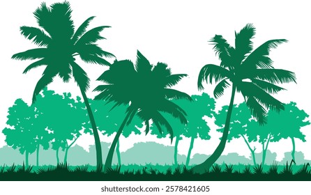 Jungle forest silhouette, tropical vector landscape with coconut trees. Rainforest vegetation, plants 2d cartoon wild forest natural parkland. Wildlife environment in green colors. Tropical landscape.