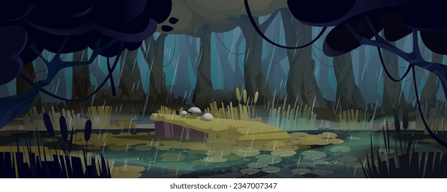 Jungle forest swamp with rain vector background. Pond or lake in deep spooky woodland halloween cartoon landscape illustration. Fantastic wetland with nenuphar scenery and marsh plants in water.