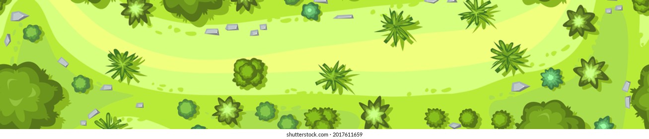Jungle forest top view. Horizontal seamless composition. Overgrown rainforest. Glade. Cartoon style flat design. Illustration vector.