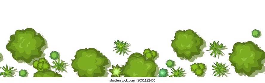 Jungle forest top view. Horizontal seamless border composition. Overgrown rainforest. Isolated on a white background. Cartoon style flat design. Illustration vector.