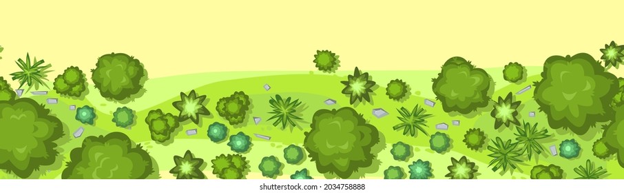 Vista superior del bosque de selva. Composición horizontal sin fisuras. Selva tropical sobrepoblada. Diseño plano con estilo de caricatura. Vector de ilustración.