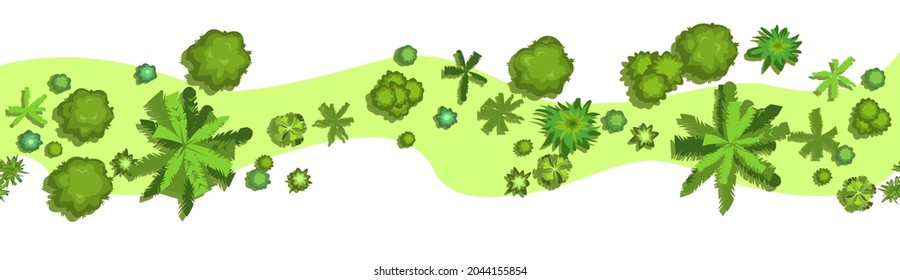 Vista superior del bosque de selva. Composición horizontal sin fisuras. Bonita selva tropical sobrepoblada. Aislado sobre un fondo blanco. Diseño plano con estilo de caricatura. Vector de ilustración.