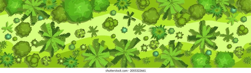 Dschungelwald Draufsicht. Horizontale nahtlose Komposition. Überwuchtiger Regenwald. Landschaft. Cartoon Stil flach Design. Illustrationsvektor