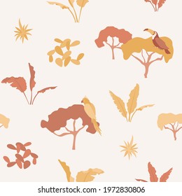 Jungle forest, toucan and parrot on trees, palm leaves and cactus plant in desert. Seamless pattern with safari landscape, Vector tropic summer illustration.