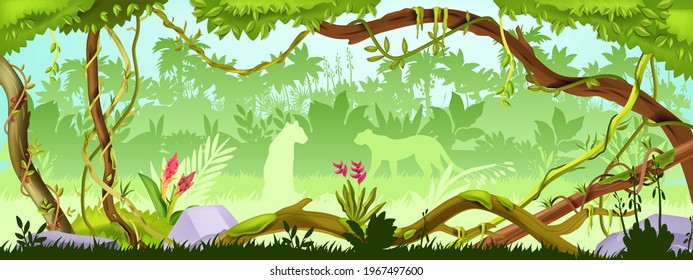 Jungle forest tree background, green wood vector landscape, leopard silhouette, bushes, vine, liana. Nature wildlife tropical illustration, stone, vegetation, flowers. Amazon, Brazil jungle background