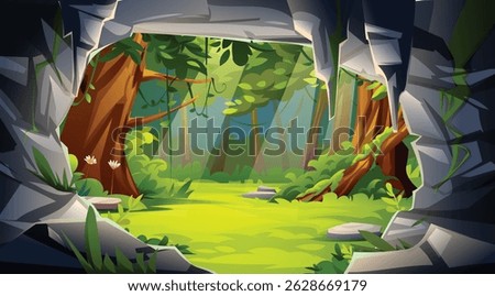 Jungle forest with trees and flowers viewed from rocky cave. Vector cartoon illustration