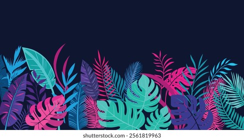 Jungle forest tropical landscape with exotic flora, palm trees tropical horizontal banner with copy space. Tropic greenery leaves and flowers of neon-colored tropical plants, dark background