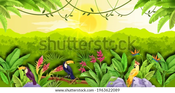 Jungle forest vector landscape, exotic tropical\
background, green banana leaves, toucan, parrot, sun, palm. Summer\
paradise Amazon wood panorama, flowers, stone, liana. Jungle\
landscape, nature\
banner