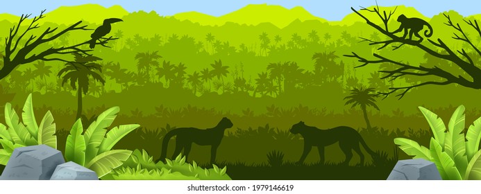 Dschungelwald, Vektorsilhouette Hintergrund, tropische Amazonas Umrisslandschaft, Regenwald-Panoramablick. Naturgrafik, Leopard, Affe, Tucan, Palm, Stein. Jungle-Silhouette-Banner