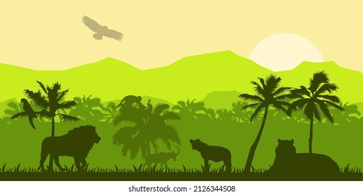 Jungle forest vector silhouette, green tropical nature background, amazon rainforest panoramic landscape. Wild fauna illustration, lion, monkey, toucan, parrot. Jungle silhouette banner EPS