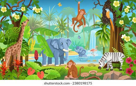  Jungle forest view with animals
. Jungle with green tropical trees, river or lake and a waterfall, plants, shrubs and flowers. Wildlife panoramic with landscape. Vector cartoon illustration.