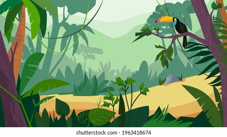 Jungle forest view, banner in flat cartoon design. Scenery with green tropical trees, plants and shrubs, toucan sits on branch. Wildlife panoramic with landscape. Vector illustration of web background - Shutterstock ID 1963418674