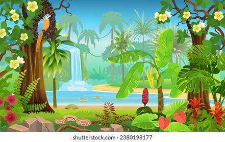  Vista del bosque de la jungla. Selva con árboles tropicales verdes, río o lago y cascada, plantas, arbustos y flores. Panorama de vida silvestre con paisaje. Ilustración de dibujos animados.