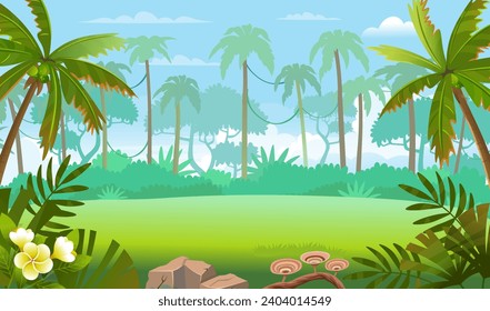  Jungle forest view. Jungle with green tropical trees, river or lake, plants, shrubs and flowers. Wildlife panoramic with landscape. Vector cartoon illustration.