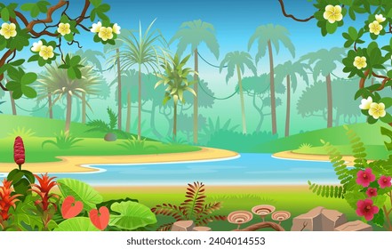  Jungle forest view. Jungle with green tropical trees, river or lake, plants, shrubs and flowers. Wildlife panoramic with landscape. Vector cartoon illustration.