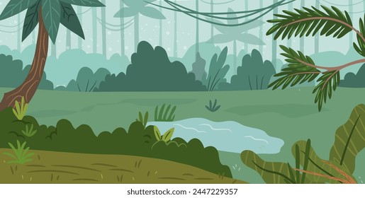 Jungle forest view, place of tropical animals living habitation. Vector scenery with green equatorial trees and lianas, plants and shrubs. Wildlife panoramic with rainforest landscape scene